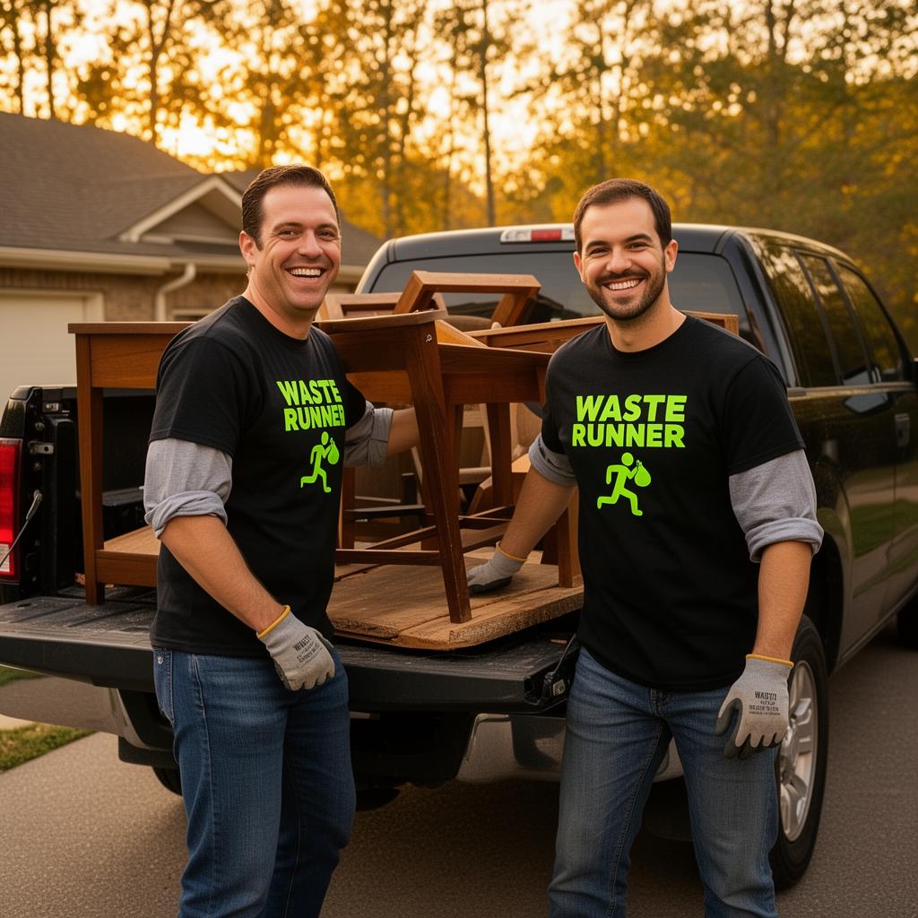 Two Waste Runners team members in branded t-shirts loading furniture into a pickup truck in a Knoxville driveway